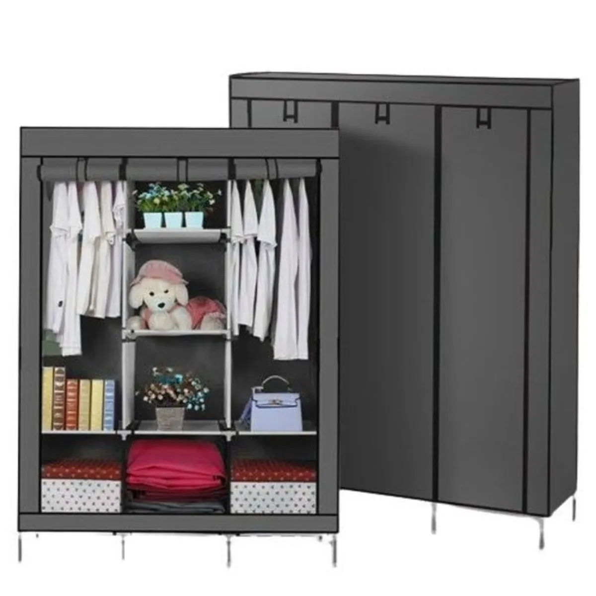 PENTHA - Ropero Armable de Tela 3 Cuerpos Con 8 Divisiones Gris