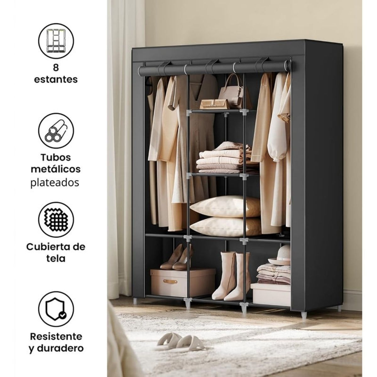 PENTHA - Ropero Armable de Tela 3 Cuerpos Con 8 Divisiones Negro