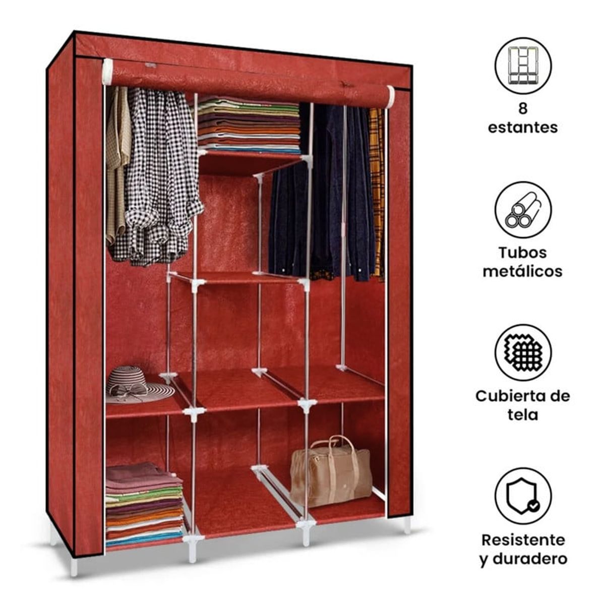PENTHA - Ropero Armable de Tela 3 Cuerpos Con 8 Divisiones Vino