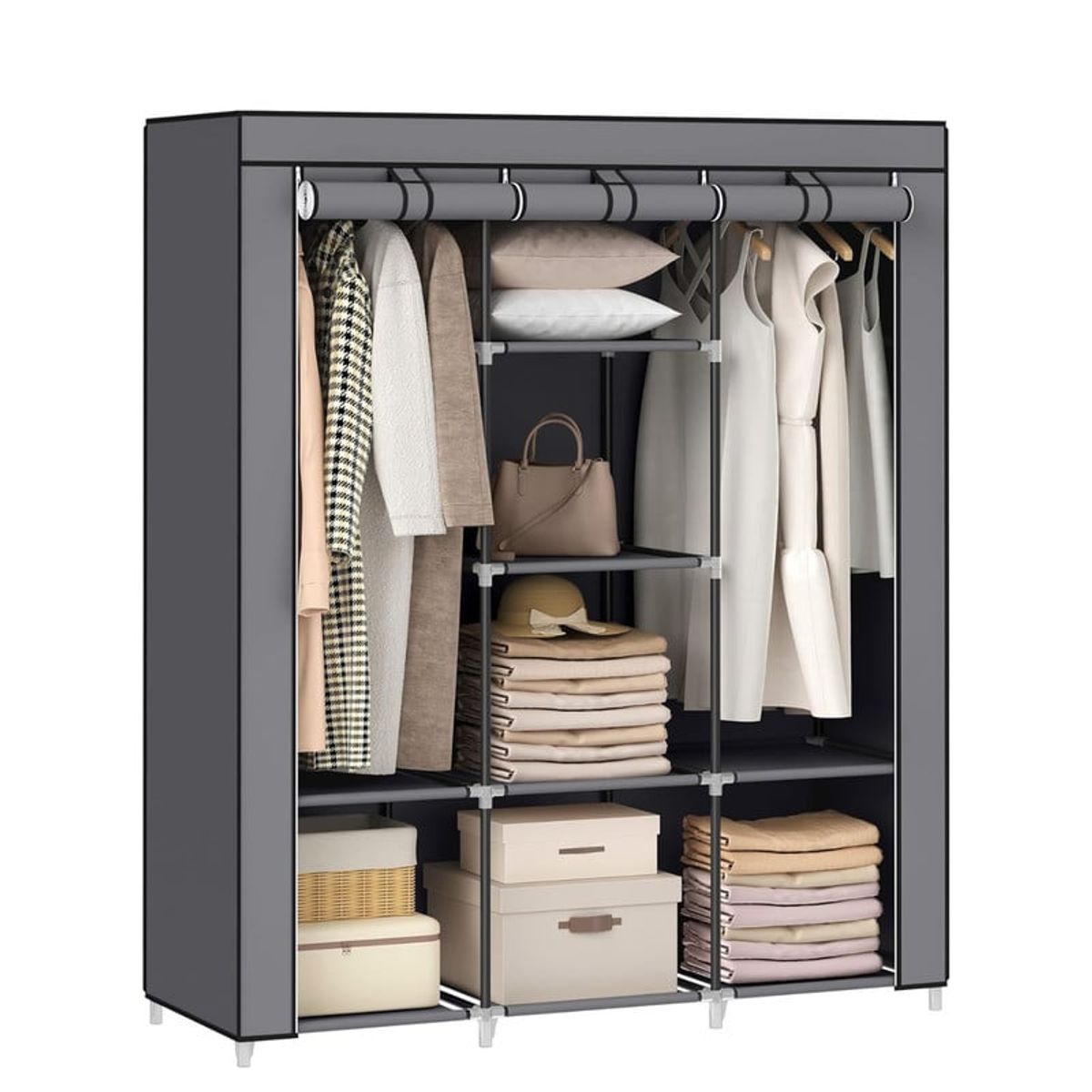 PENTHA - Ropero Armable de Tela 3 Cuerpos Con 8 Divisiones Gris