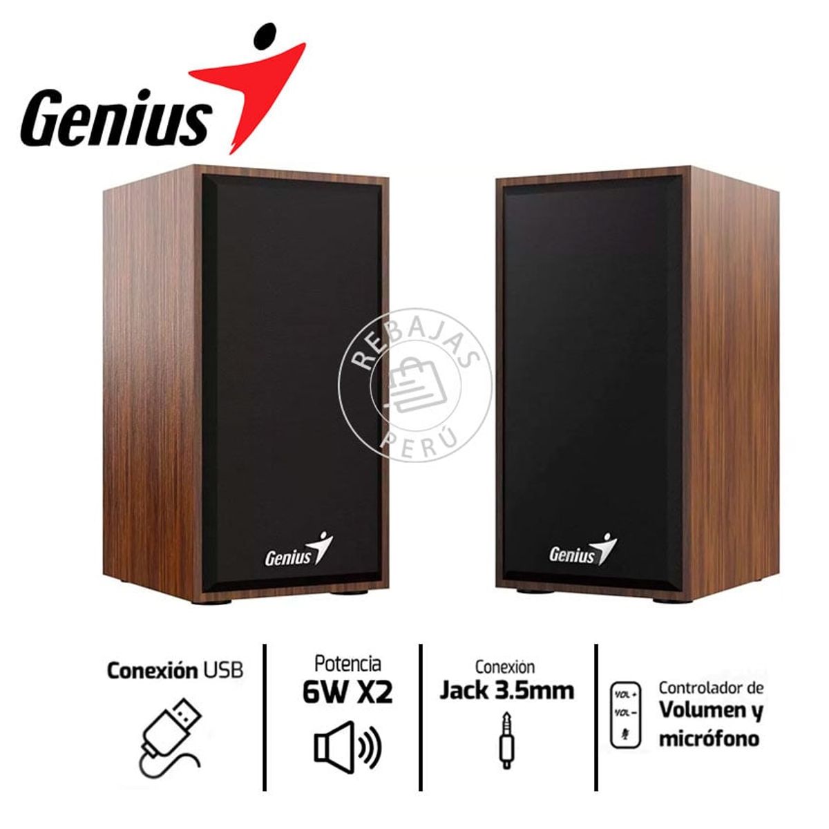 GENIUS GX - Genius SP-HF180  Parlante Estéreo de 6W con Alimentación USB Madera
