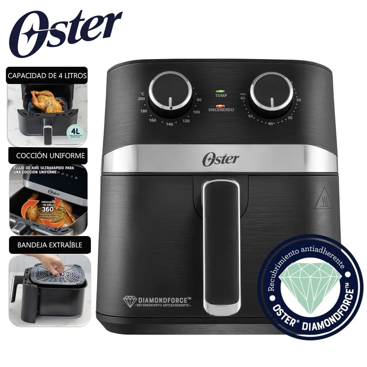 OSTER - Freidora de Aire Manual con Recubrimiento DiamondForce 4L CKSTAF401MDF