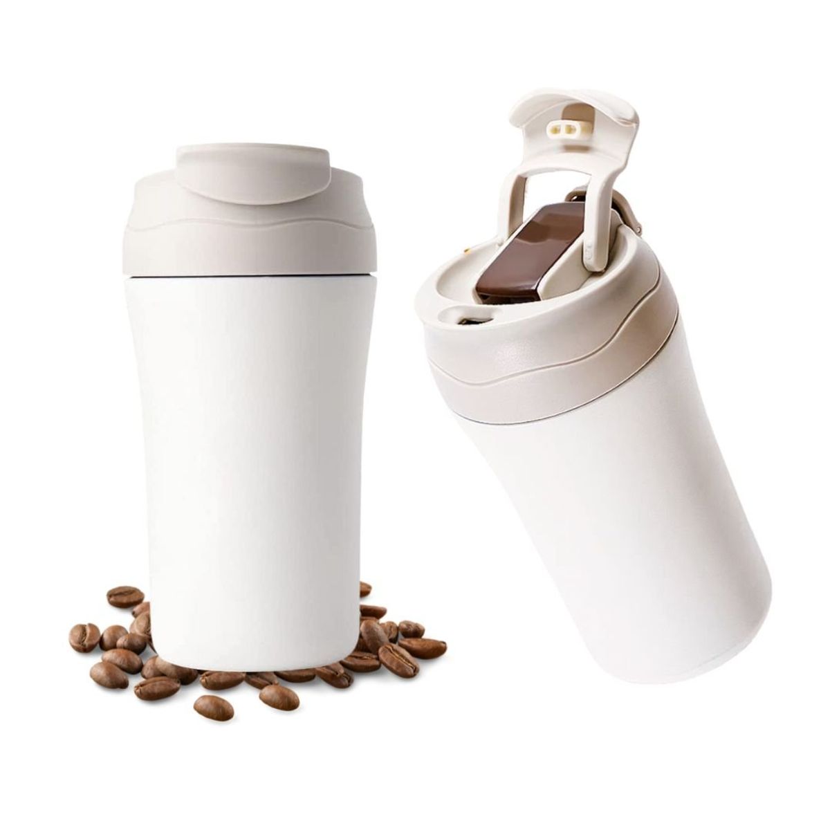 HOGARMAS - Mug Vaso Térmico 350 ml Tapa 2 en 1 Hueso Acero Inoxidable