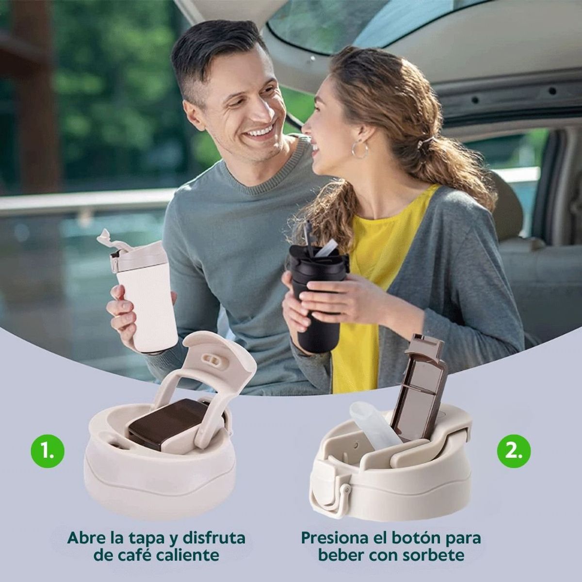 HOGARMAS - Mug Vaso Térmico 350 ml Tapa 2 en 1 Hueso Acero Inoxidable