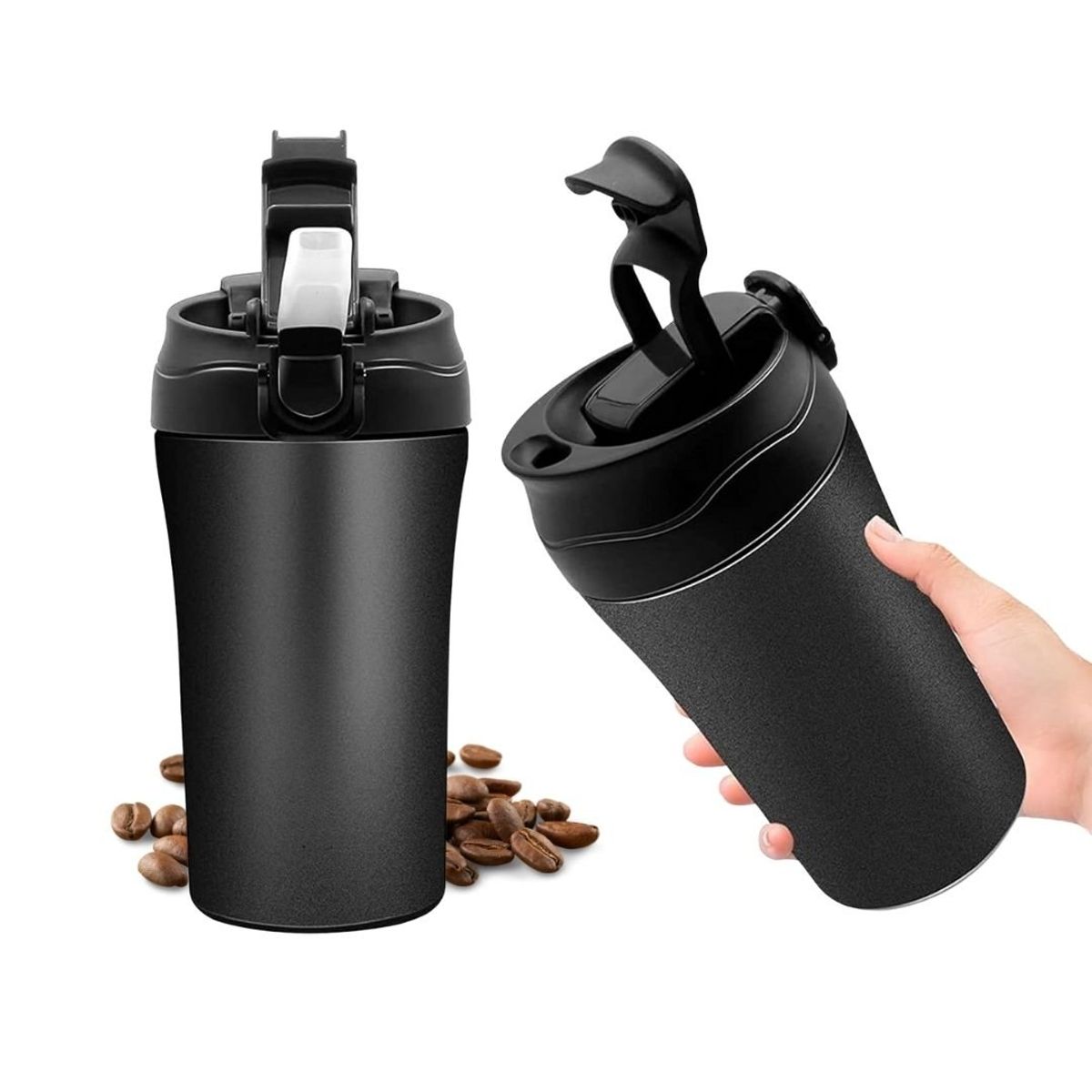 HOGARMAS - Mug Vaso Térmico 350 ml Tapa 2 en 1 Negro Acero Inoxidable