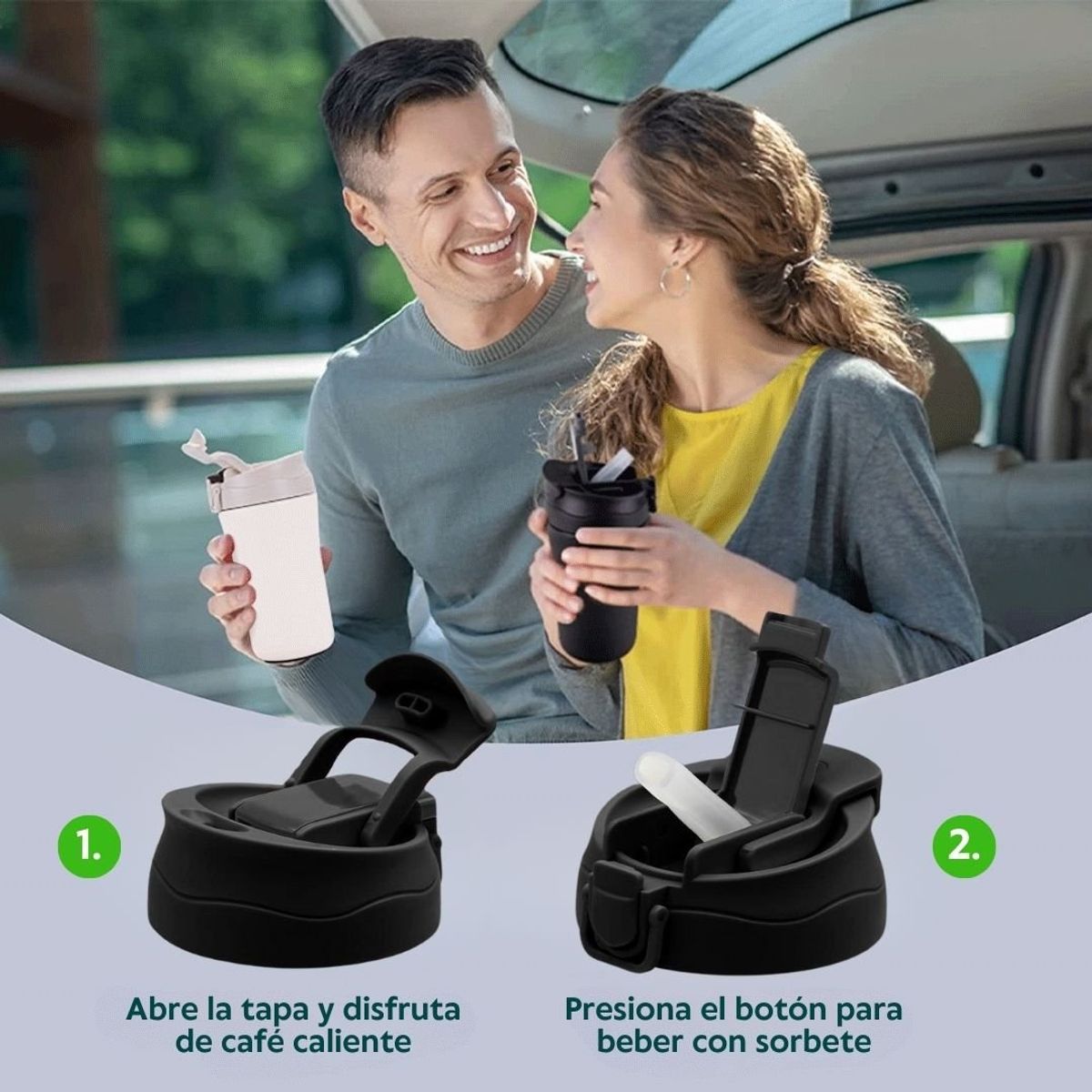 HOGARMAS - Mug Vaso Térmico 350 ml Tapa 2 en 1 Negro Acero Inoxidable