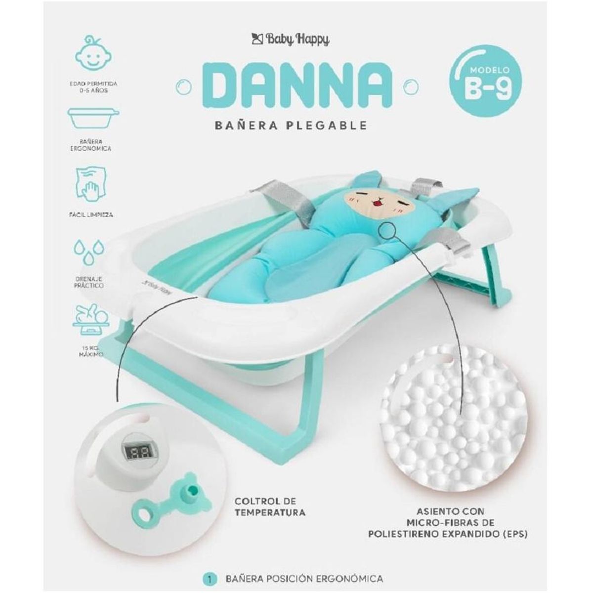 BABY HAPPY - Tina de Baño Plegable Danna Con Termometro B-9 AZUL