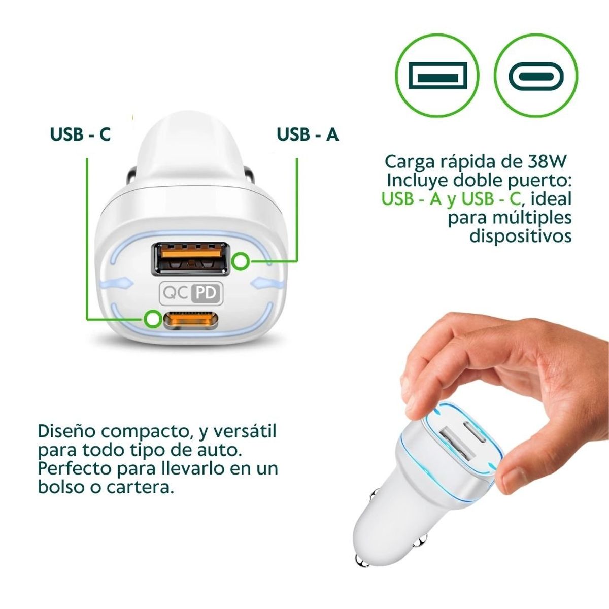 HOGARMAS - Cargador de Auto de Carga Rápida Dual USB-A y Tipo C