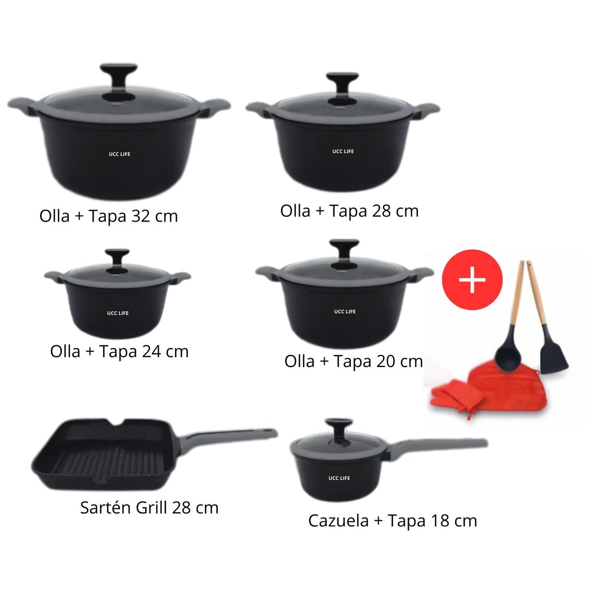 PENTHA - Juego de Ollas con Revestimiento de Granito - 16 Piezas Color Negro