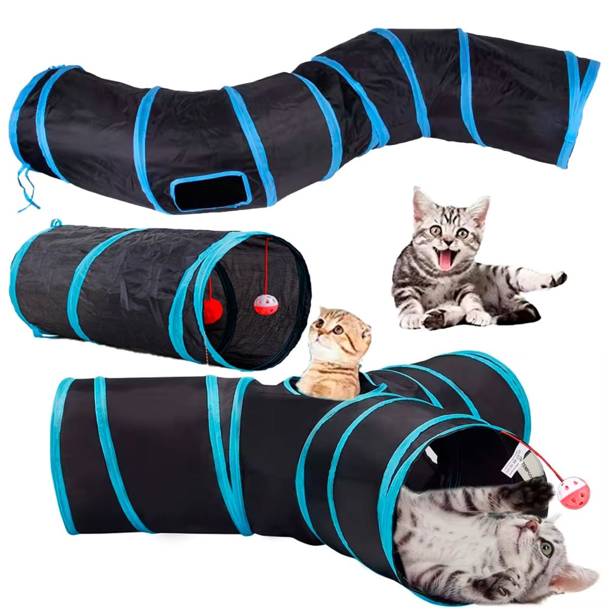 VARIOS - Set 3 Túnel Gatos Polyester Plegable 120,80,50cm Negro/Turq