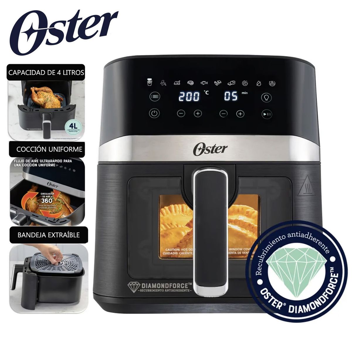 OSTER - Freidora de Aire Digital con Recubrimiento DiamondForce 4LT Negro