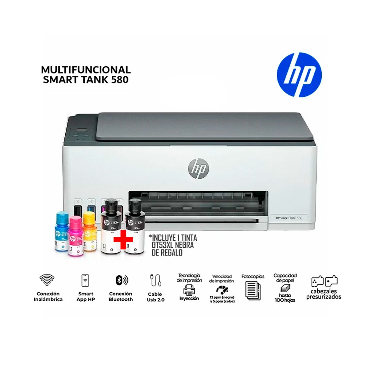 HP - Impresora Multifuncional HP Smart Tank 580 Tinta Continua Wi-Fi-Blanco