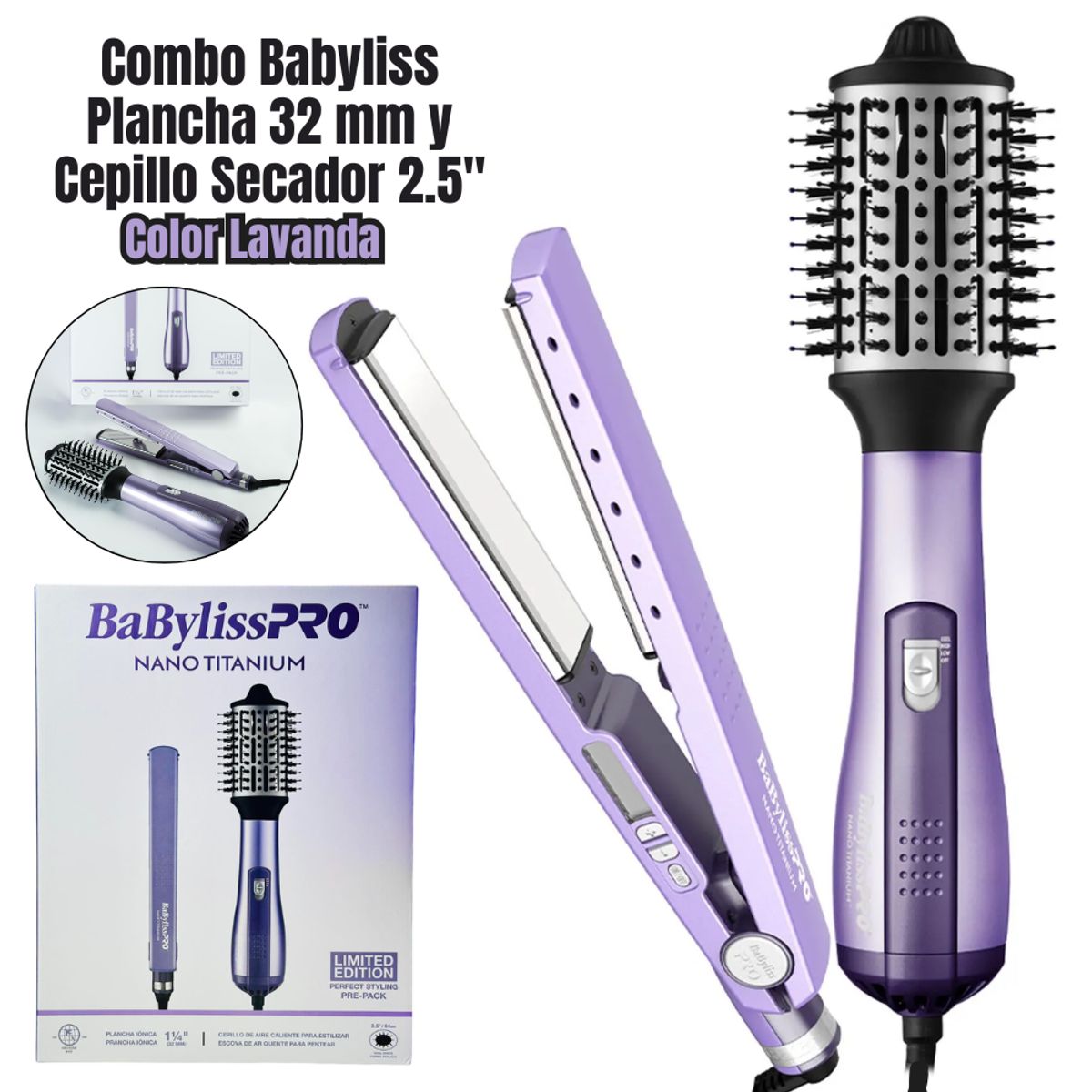 BABYLISS PRO - Combo Plancha Babyliss Pro Ionica 1 1/4"+ Cepillo Hot Air Styling 2.5"