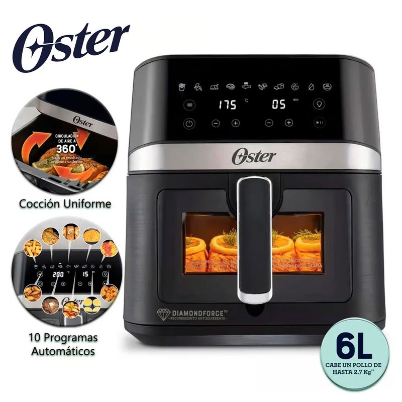 OSTER - Freidora de Aire Digital con Recubrimiento DiamondForce 6LT Negro