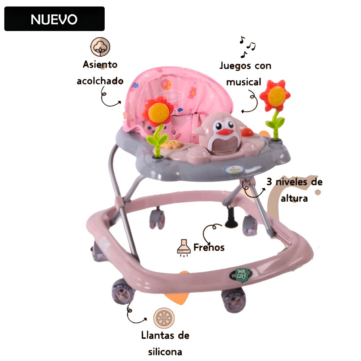 GENERICO - Andador Para Bebé Musical Pingüino Rosado