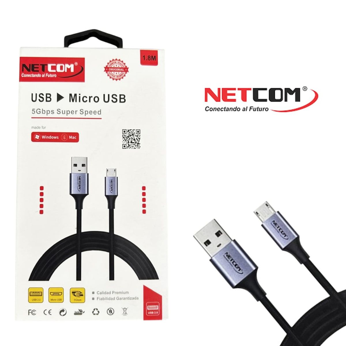 GENERICO - Cable USB a Micro USB 1.8 Metros NETCOM 5Gbps 18w pvc 3A