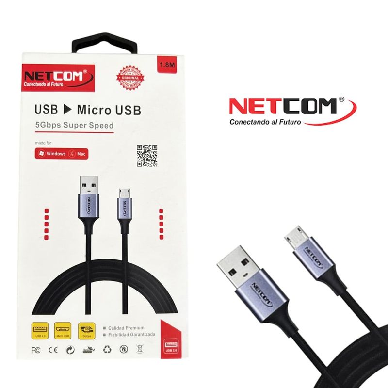 GENERICO - Cable USB a Micro USB 1.8 Metros NETCOM 5Gbps 18w pvc 3A