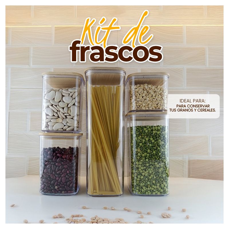 STONE - Kit De 5 Frascos Acrilicos Con Tapa De Bamboo Cuadrada Deco Stone