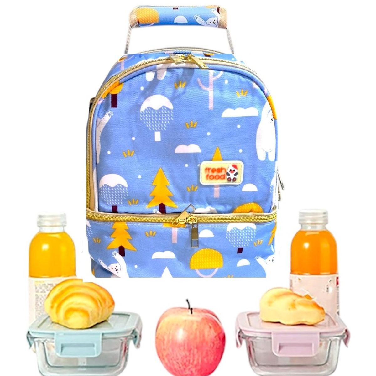 GENERICO - Lonchera térmica doble compartimento color celeste diseño oso