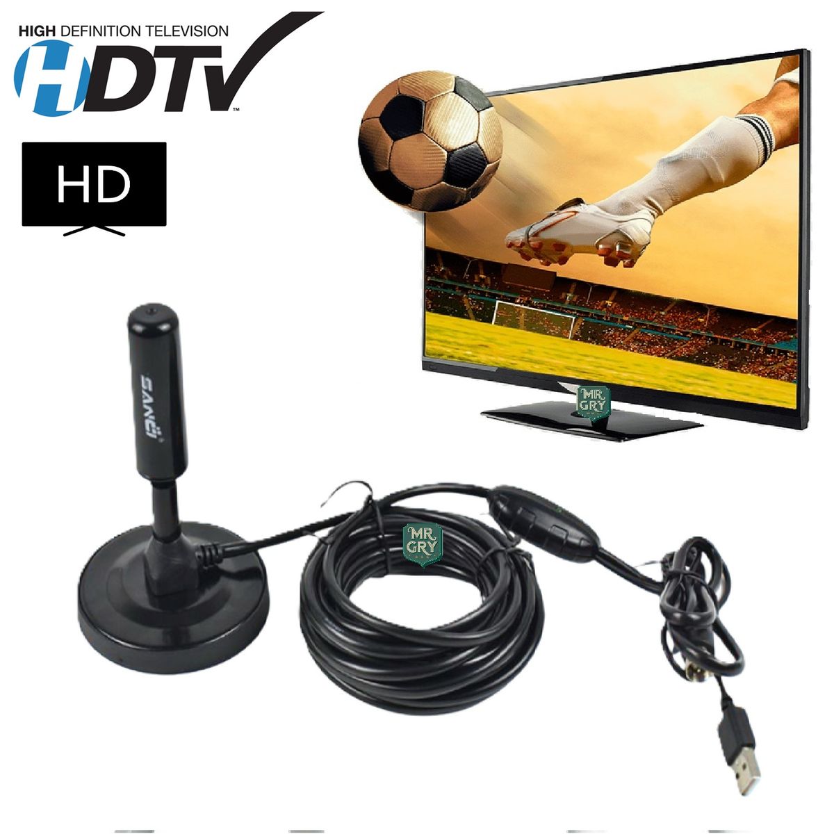 SANC - Antena de Televisión Digital Alta Definición con Intensificador USB