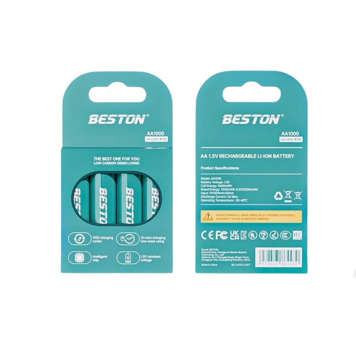 BESTON - 4 Baterias de litio recargable AA pila 1.5V 3600mWh BESTON AA1000