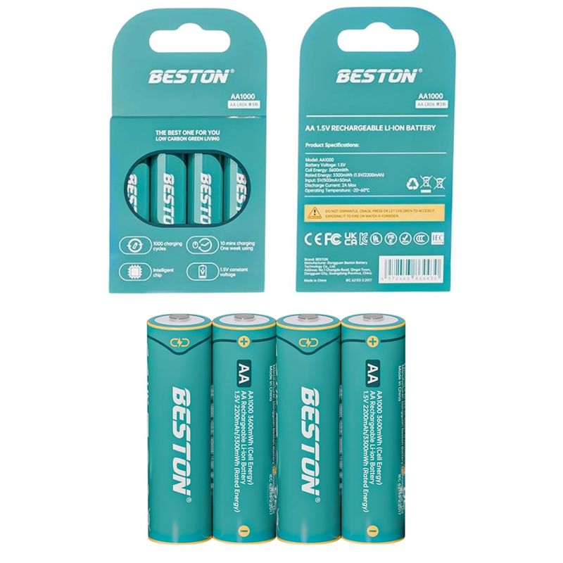 BESTON - 4 Baterias de litio recargable AA pila 1.5V 3600mWh BESTON AA1000