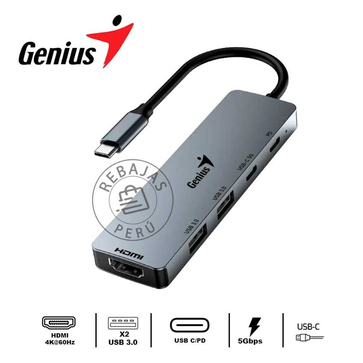 GENIUS - GENIUS Hub USB-C 5 en 1 con HDMI 4K, USB 3.0 y Carga 100W Compacto
