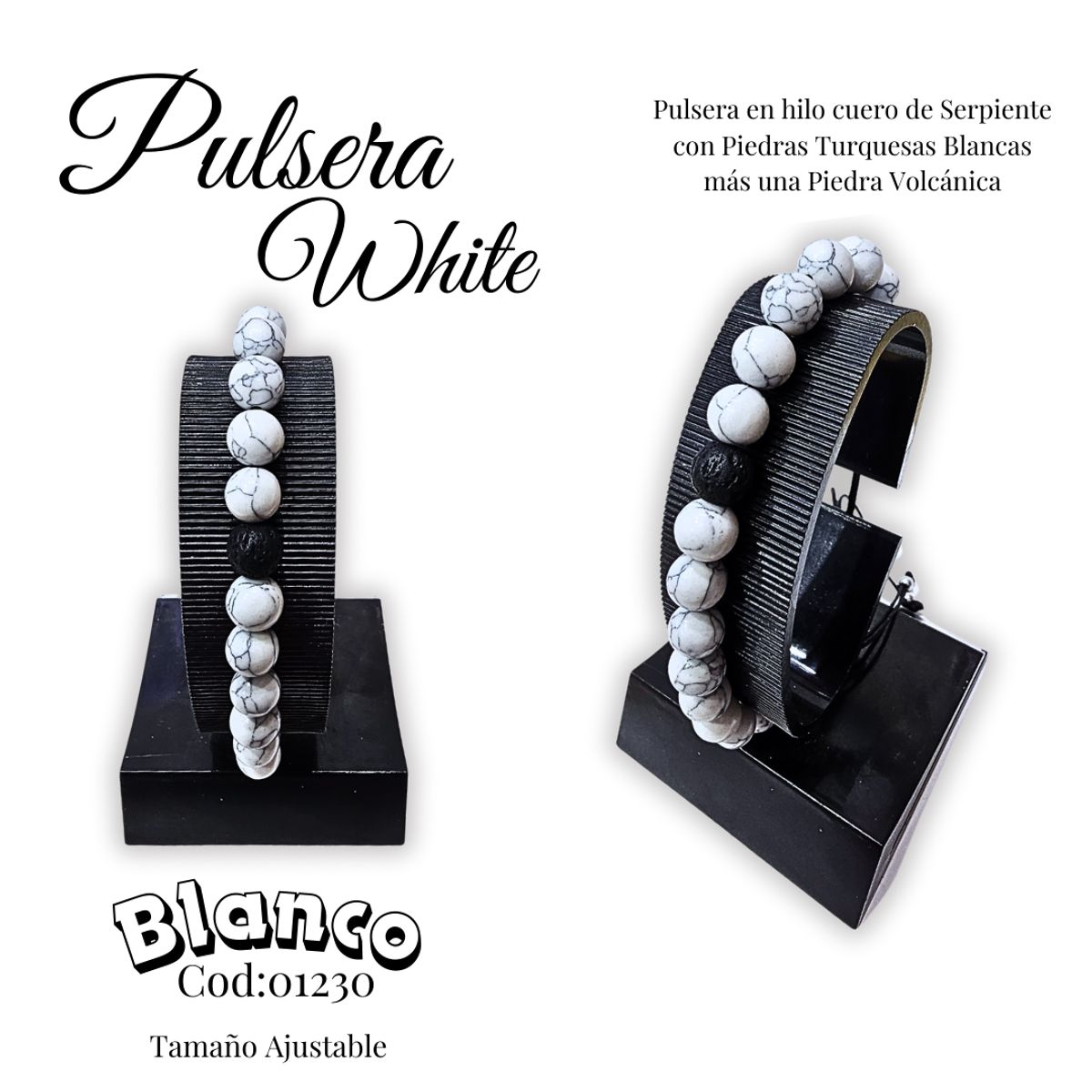 GENERICO - Pulsera de hombres en  Piedras Turquesas Blanca con Piedra Volcanica