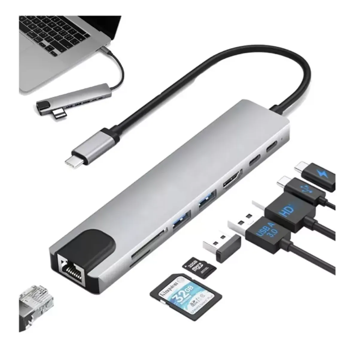 100 PERCENT - ADAPTADOR HUB TIPO C ETHERNET HDMI 4K USB 3.0 micro sd 8 en 1