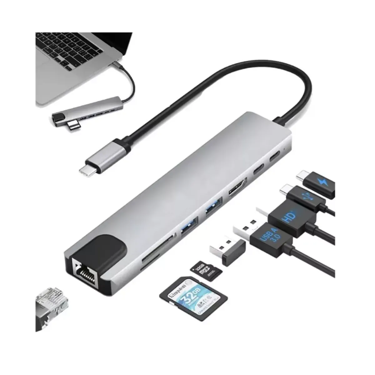 100 PERCENT - ADAPTADOR HUB TIPO C ETHERNET HDMI 4K USB 3.0 micro sd 8 en 1