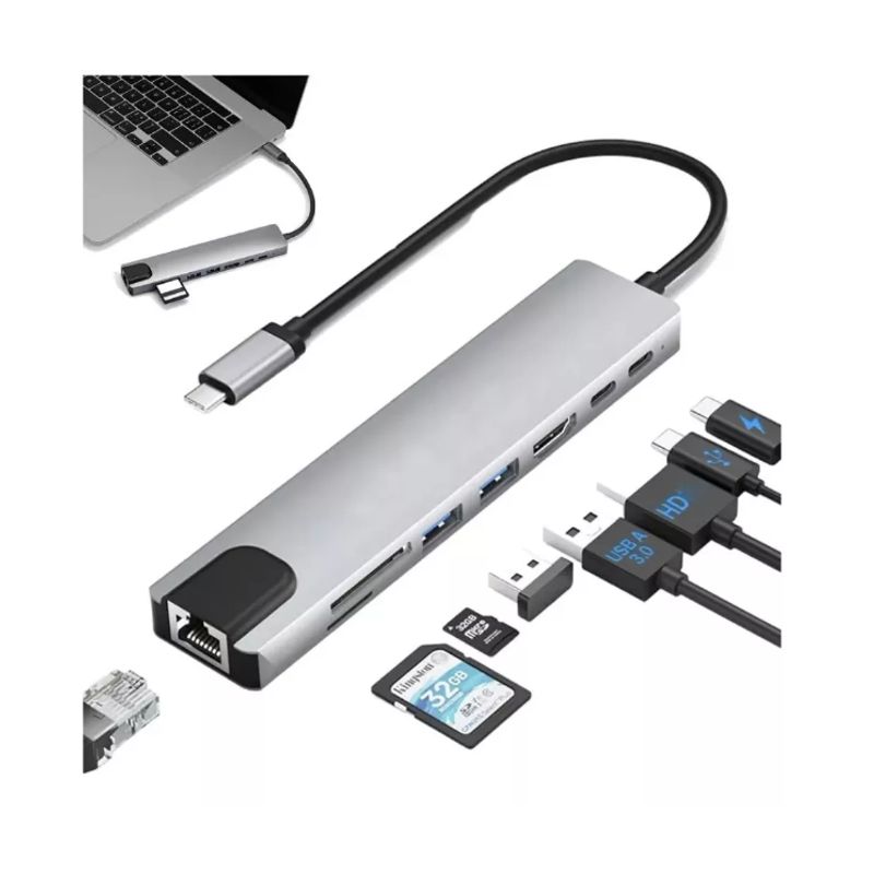 100 PERCENT - ADAPTADOR HUB TIPO C ETHERNET HDMI 4K USB 3.0 micro sd 8 en 1