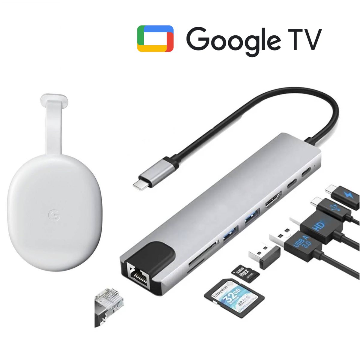 100 PERCENT - ADAPTADOR HUB TIPO C ETHERNET HDMI 4K USB 3.0 micro sd para google tv