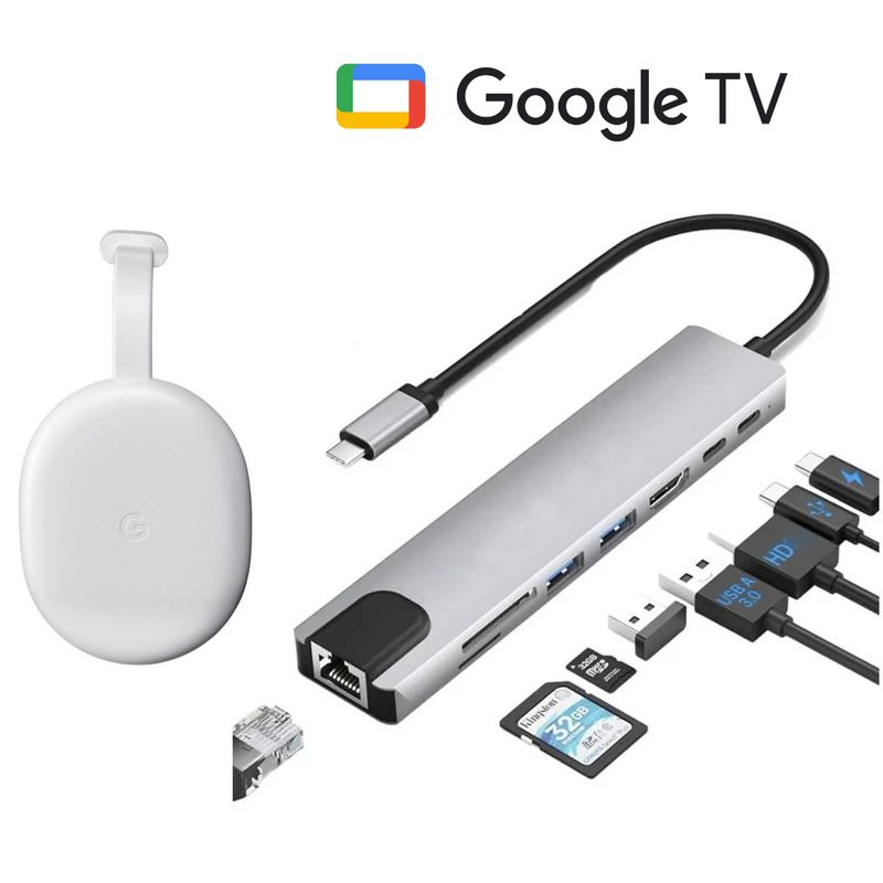 100 PERCENT - ADAPTADOR HUB TIPO C ETHERNET HDMI 4K USB 3.0 micro sd para google tv