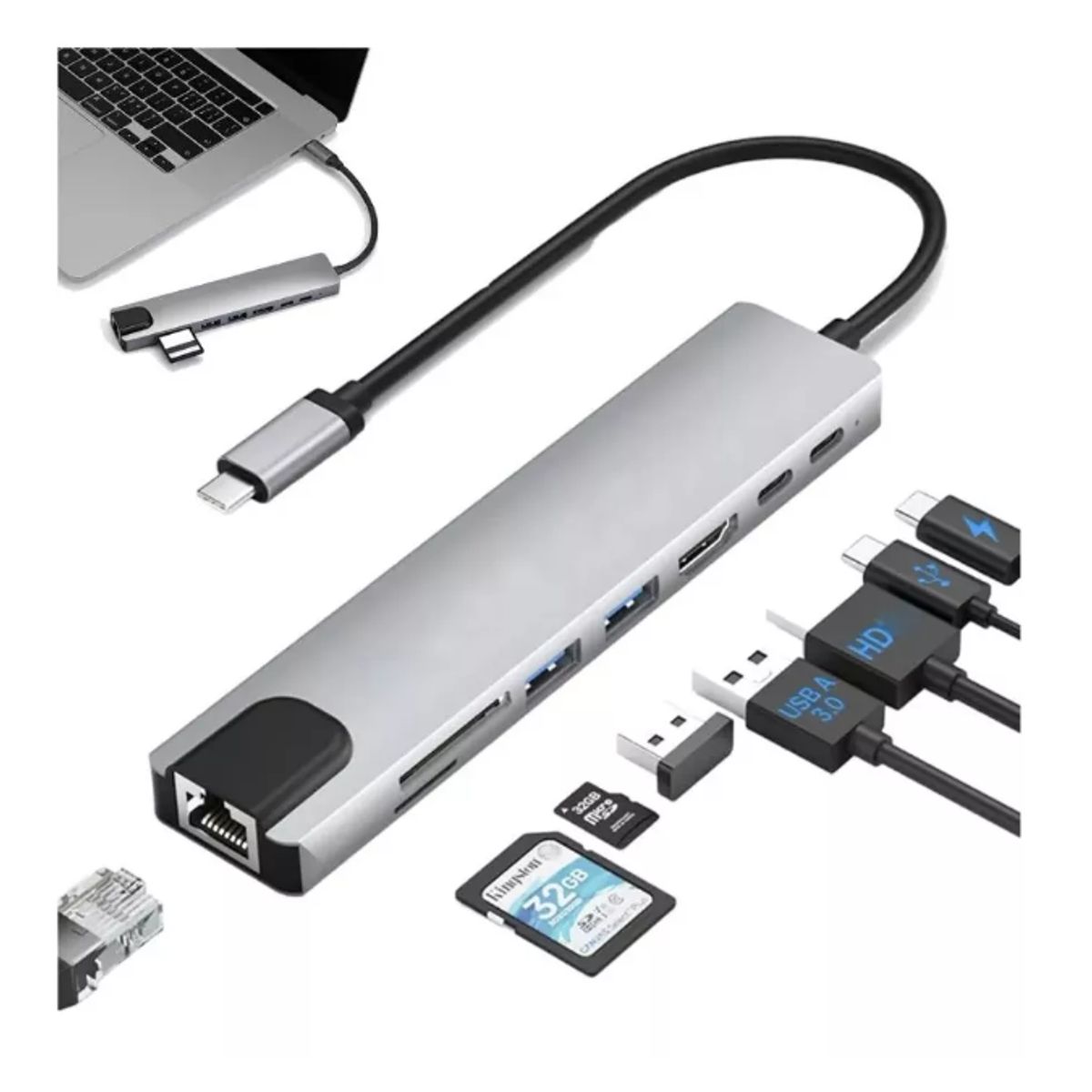 100 PERCENT - ADAPTADOR HUB TIPO C ETHERNET HDMI 4K USB micro sd ipad pro air mini