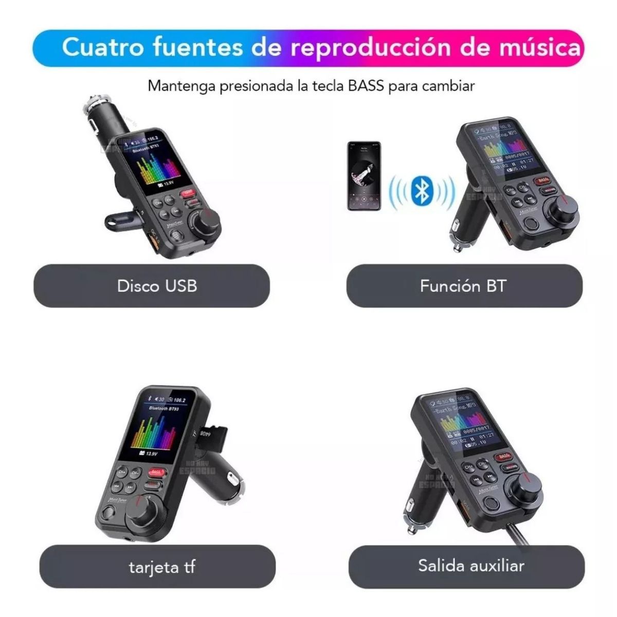 AUDIO SOLUTIONS - Transmisor Cargador Audio Estéreo Fm Bluetooth Mp3 Usb Tf
