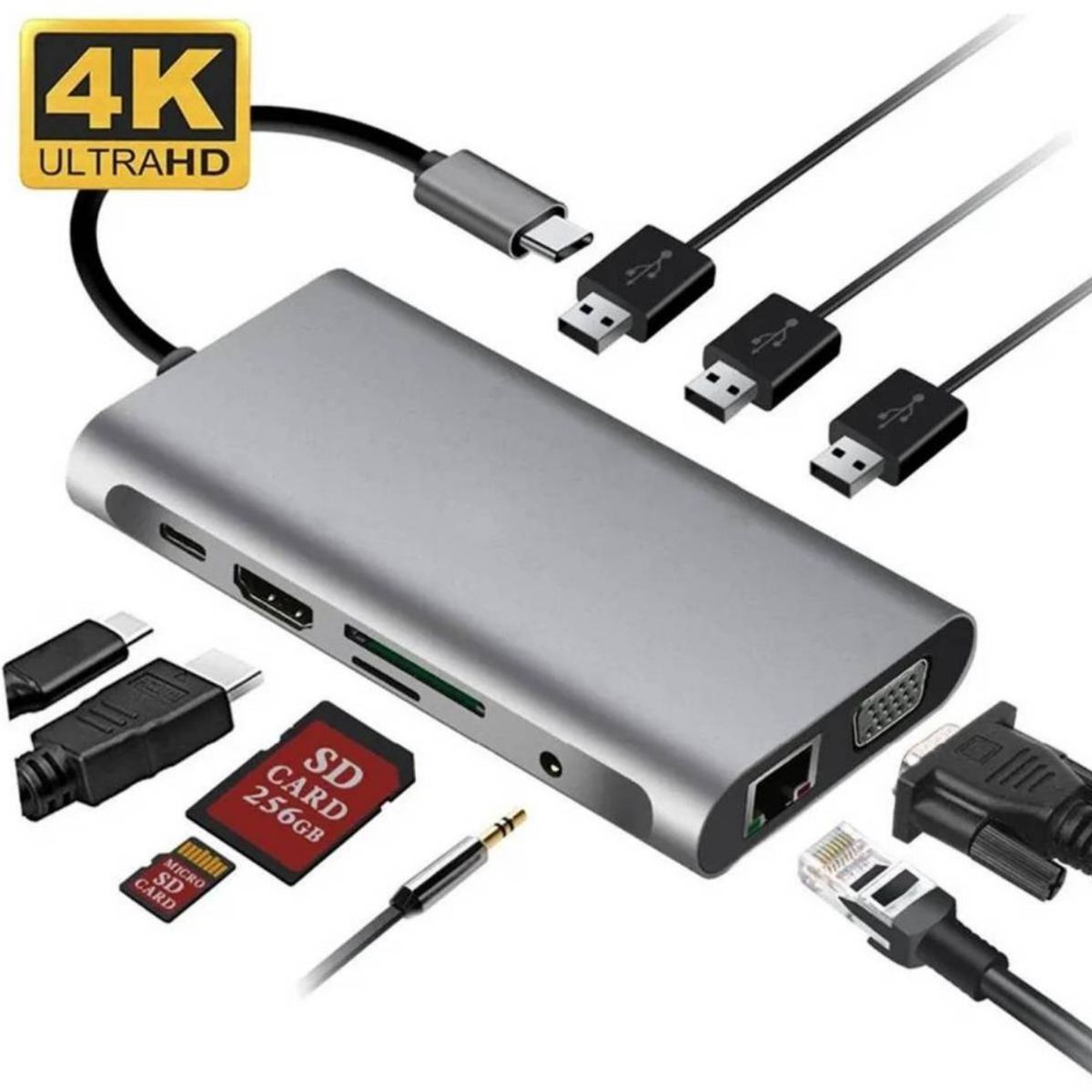 100 PERCENT - ADAPTADOR HUB TIPO C ETHERNET HDMI 4K USB micro sd 10 en 1