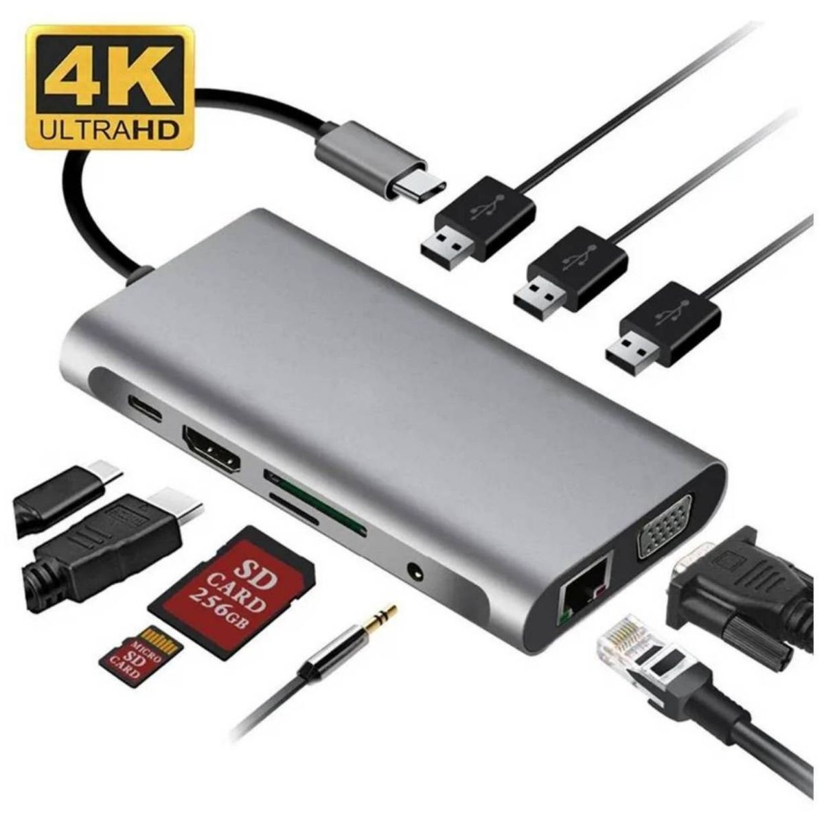 100 PERCENT - ADAPTADOR HUB TIPO C ETHERNET HDMI 4K USB micro sd 10 en 1