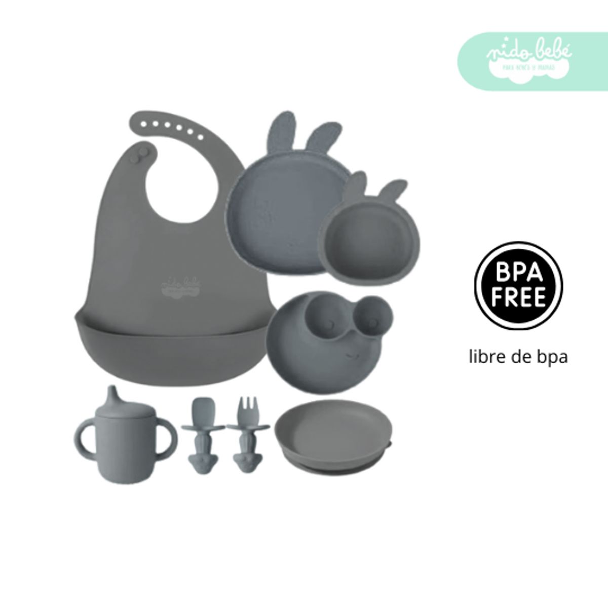 GENERICO - Set de alimentación de bebé modelo conejito premium plomo