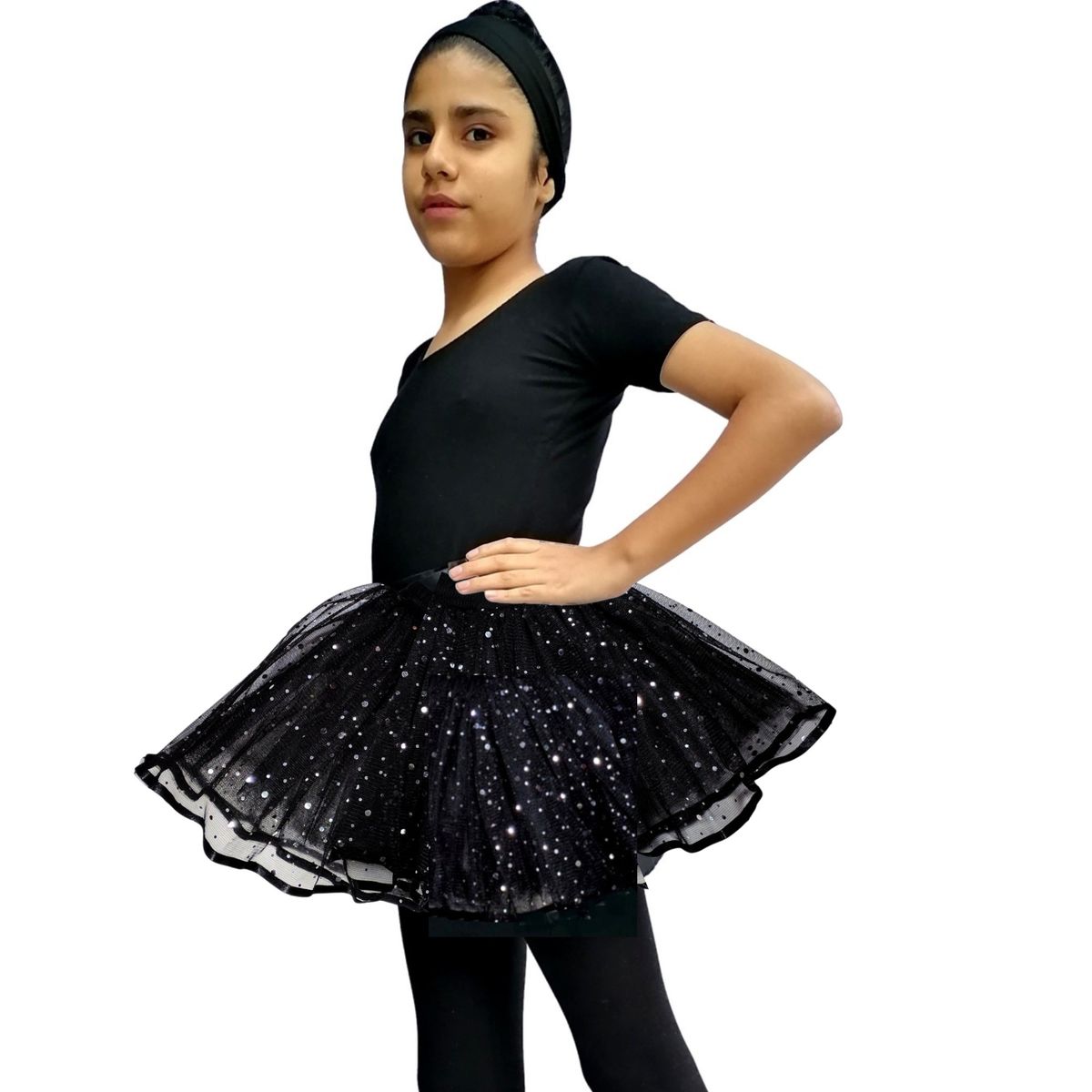 NACIONAL - Ballet Conjunto Manga Corta Tutú Dos Capas - Negro