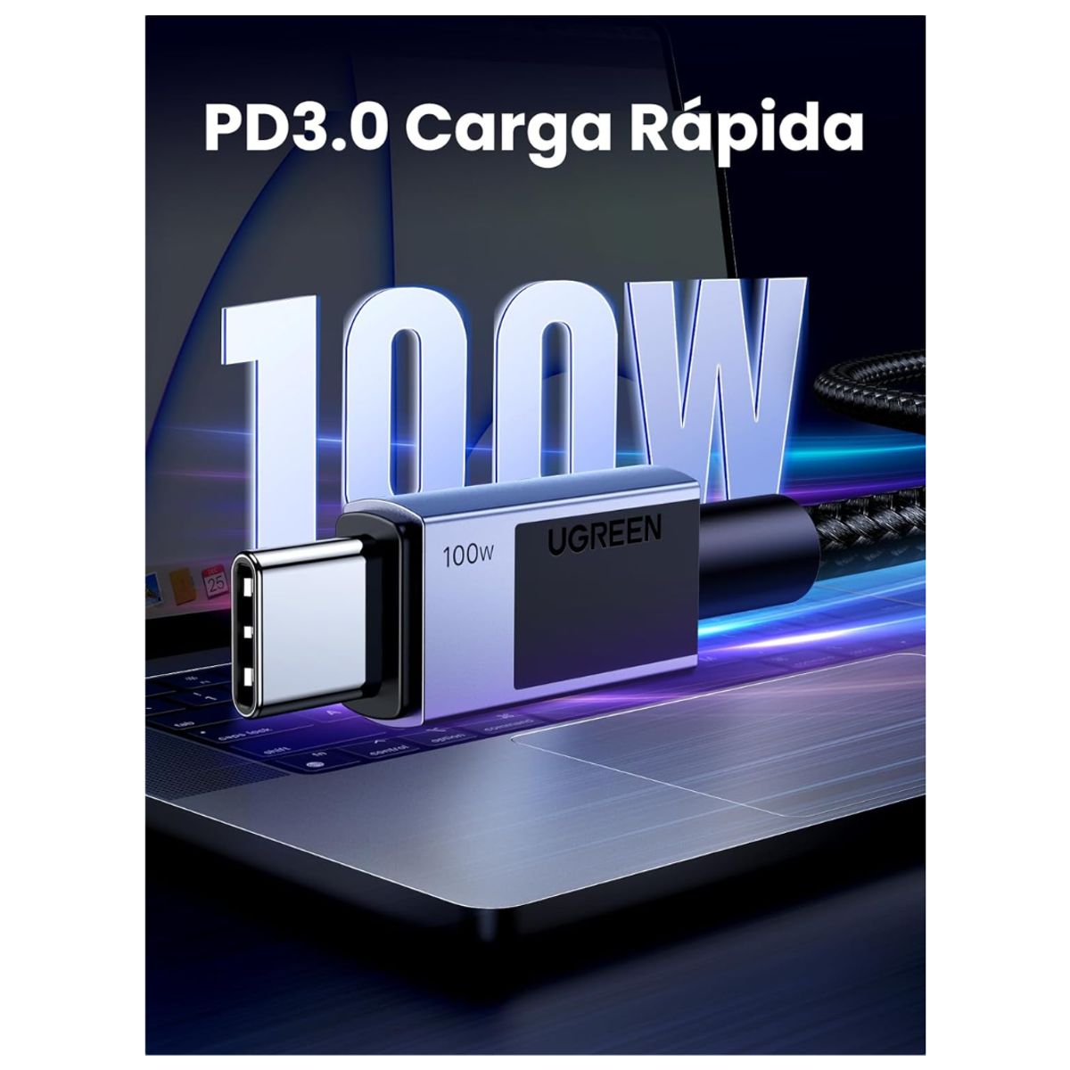 UGREEN - Cable UGREEN Tipo C a Type C Trenzado 100W Carga Rápida Comparte Datos 480 Mbps 2 Metros