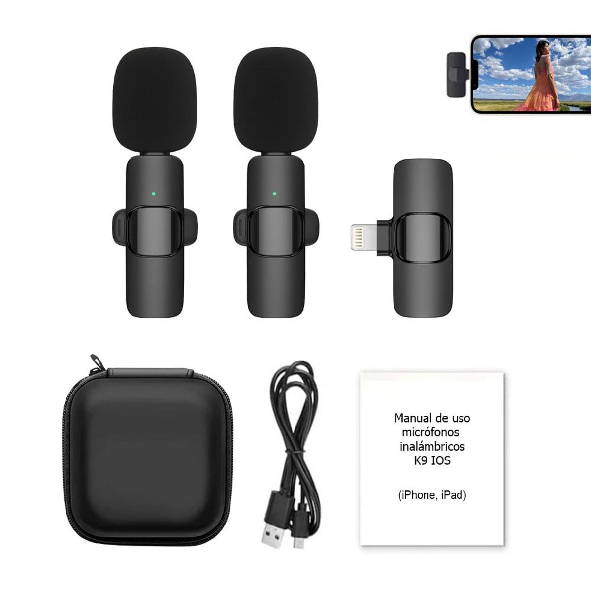 OEM - Micrófonos Inalámbricos Solaperos 2 en 1 K9 iPhone / iPad con estuche
