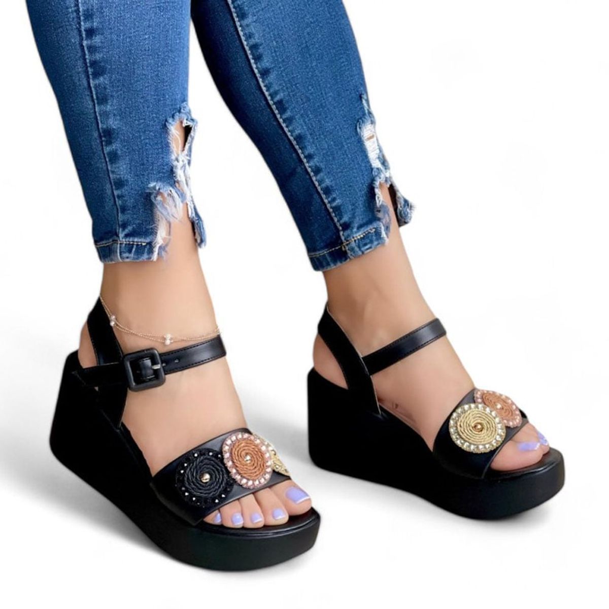 GENERICO - Sandalia Mujer Yomar Err. Precio Plataforma Con Tira 3 Ojos 1177 5C-55 Negro