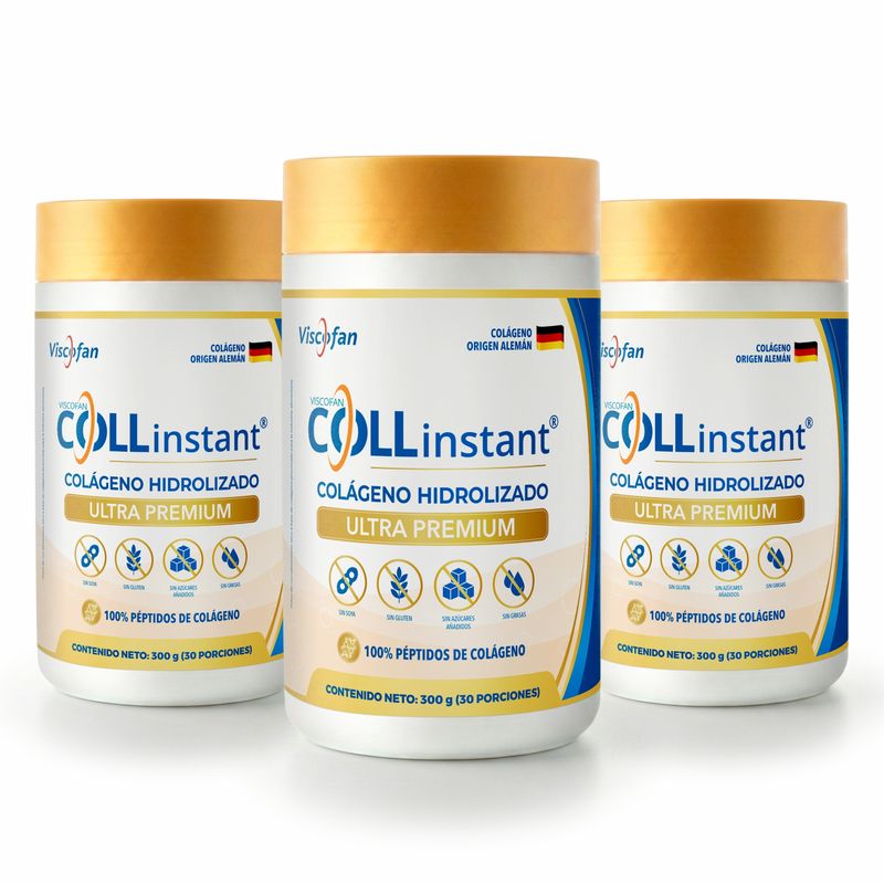 VISCOFAN COLLINSTANT - Colágeno Hidrolizado Alemán Ultra Premium 300gr x3 con Péptidos Bioactivos COLLinstant Viscofan 100% Puro