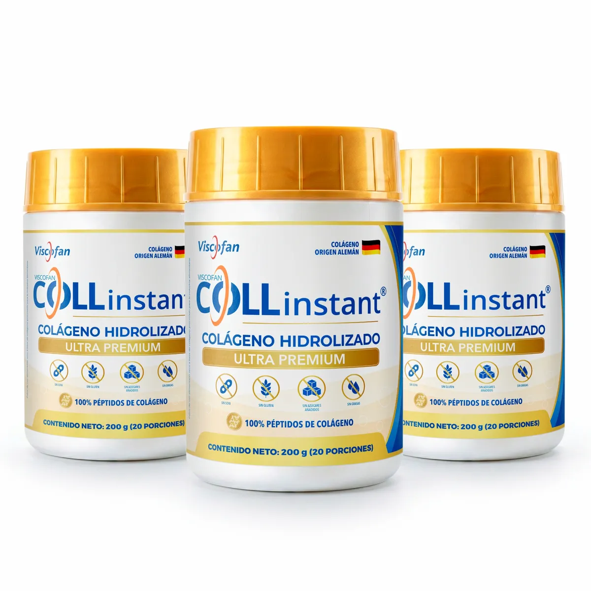 VISCOFAN COLLINSTANT - Colágeno Hidrolizado Alemán Ultra Premium 200g x3 con Péptidos Bioactivos COLLinstant Viscofan 100% Puro