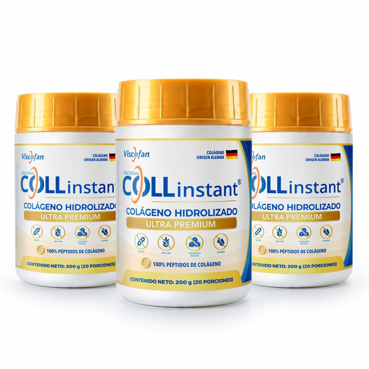 VISCOFAN COLLINSTANT - Colágeno Hidrolizado Alemán Ultra Premium 200g x3 con Péptidos Bioactivos COLLinstant Viscofan 100% Puro
