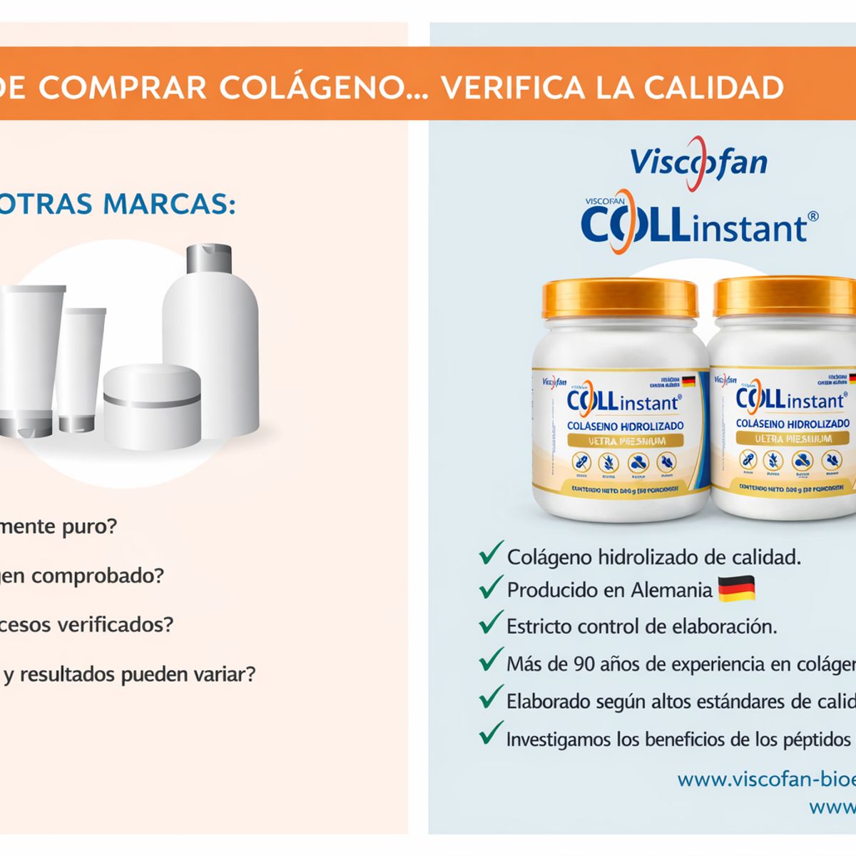 VISCOFAN COLLINSTANT - Colágeno Hidrolizado Alemán Ultra Premium 500g x 6 con Péptidos Bioactivos COLLinstant Viscofan 100% Puro