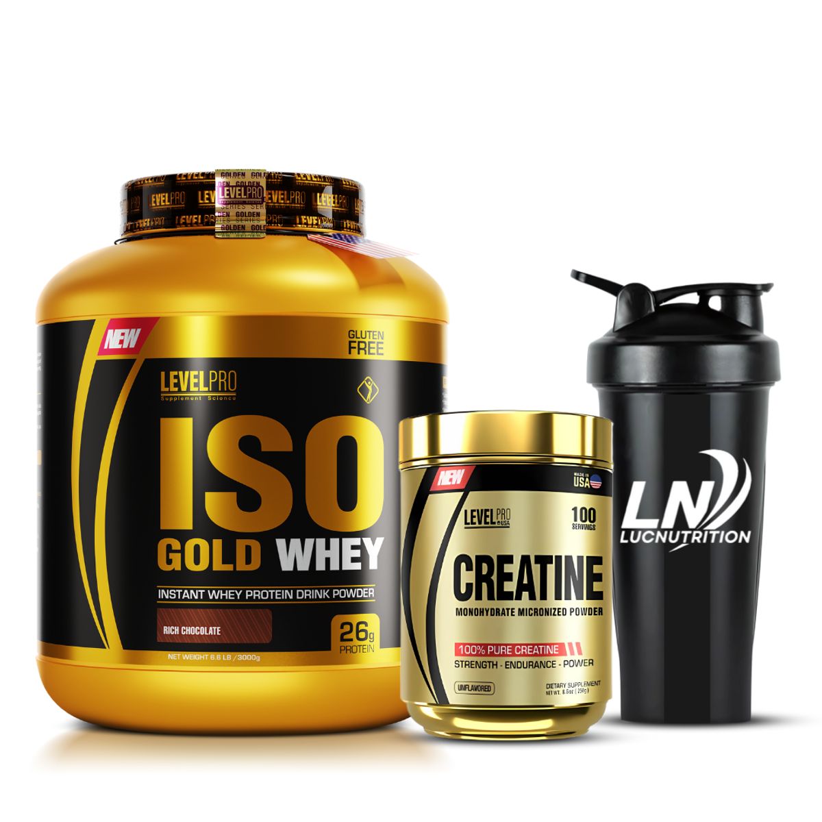 LEVEL PRO - Iso Gold whey 3 kg chocolate + Creatina level pro 250 g + shaker