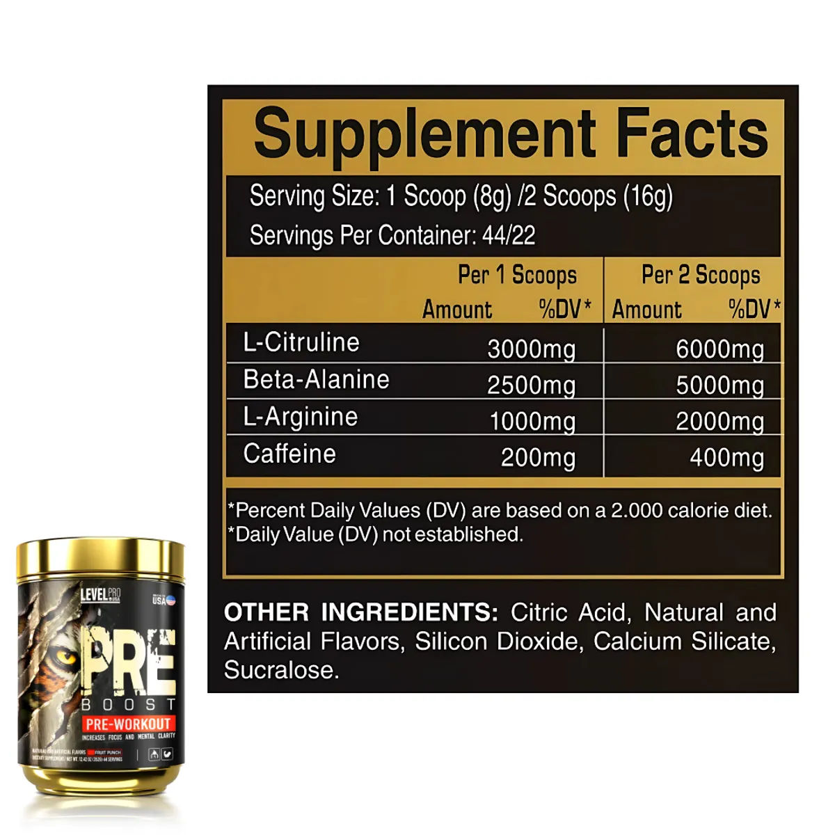 LEVEL PRO - Pre Boost Pre Workout 44 servicios - Level Pro Fruit punch