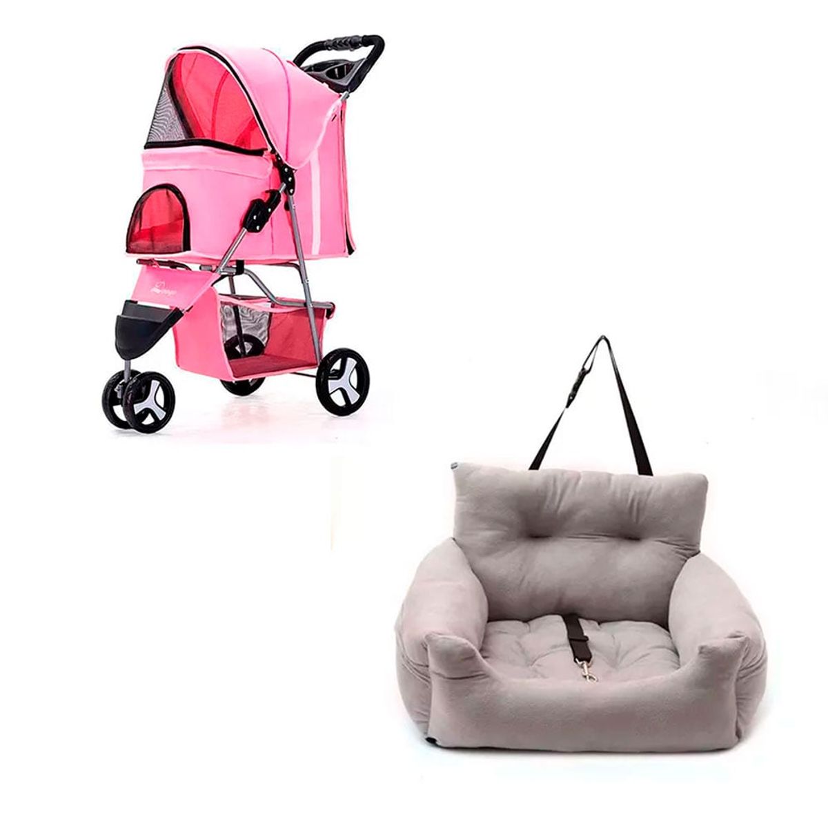 QUE PATAS PET SHOP - Coche 3 Ruedas Rosado + Sofá Copiloto Gris Claro