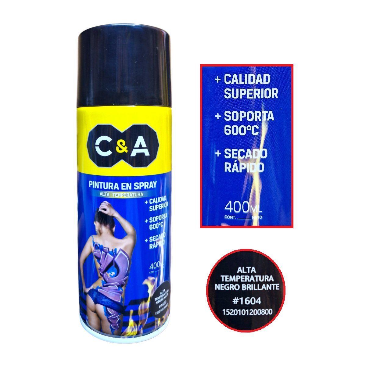 C&A - Pintura Spray Alta Temperatura Negro Brillante 400ML